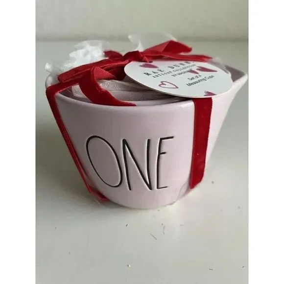 Set Of 4 Rae Dunn VALENTINE PINK Measuring Cups With Heart‎ Cutout Ceramic NEW