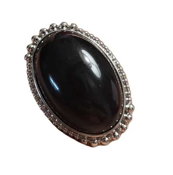 Black Gemstone Oval Silver Tone Ring