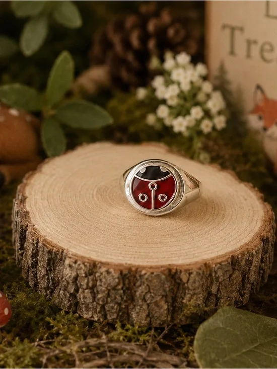 Whimsical Woodland Ladybug Signet Ring- Silver plated. Size 6.