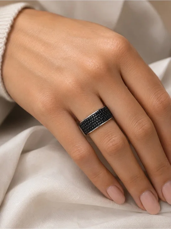 Black Cubic Zirconia Stainless Steel Ring Waterproof Hypoallergenic
