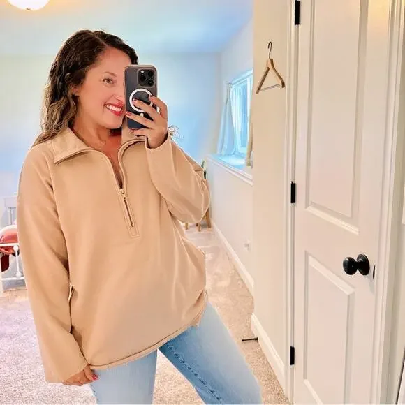 J. Crew Cotton Rose Pink Tunic Half Zip Sweatshirt w Pockets Medium