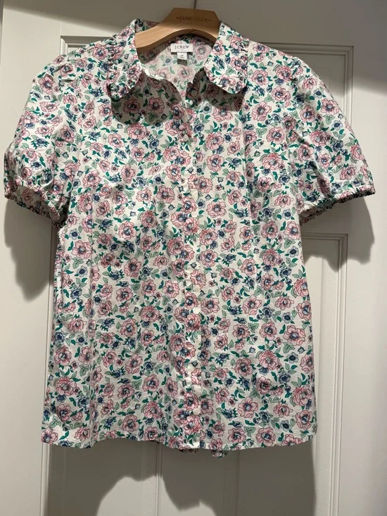 J. Crew Floral Button-Up Puff Short Sleeve Ivory Rosewater