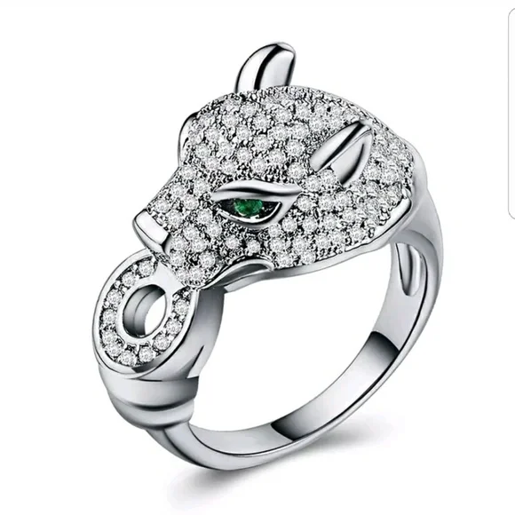 Silver Panther Head Ring with Green Eye and Pavé Crystals
