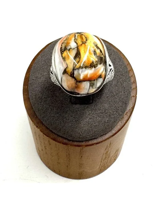 Solid Sterling Silver 925 Spiny Oyster Bezel Set Statement Ring Size 7.75