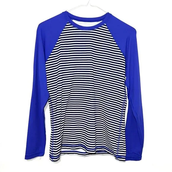 J.Crew Black/White Striped With Blue Sleeve Rashguard/Sun Shirt - S