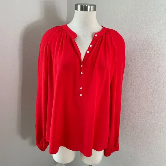 NEW J Crew Womens Large Red Blouse‎ Viscose Long Sleeve Shirt Top