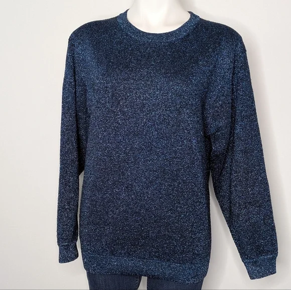 J Crew Blue Black Shimmer Long Sleeve Crew Neck Sweater S