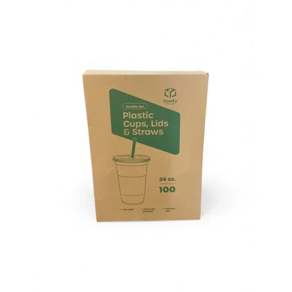Comfy 24 Oz Plastic Cups Lids & Straws Combo Set 100 Pcs Durable Disposable Drin