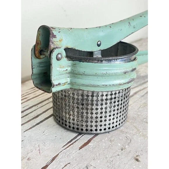 Vintage MCM Minty Green Metal Potato Ricer Masher Press Rusty Rustic Decor