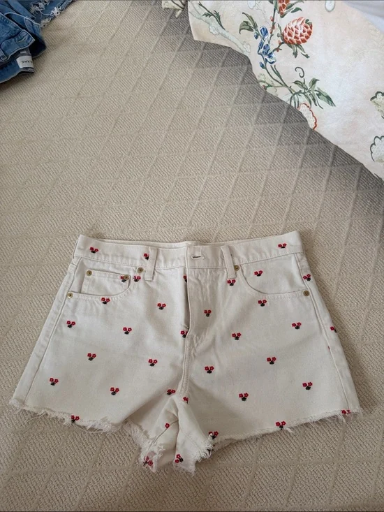 J. Crew White Denim Shorts with Red Cherry Embroidery