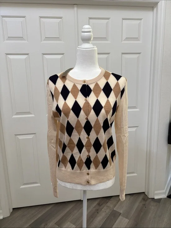 Argyle Button-Front Cardigan in Beige, Black & Cream