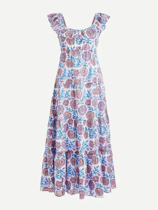 Tiered ruffleneck dress in floral vine block print