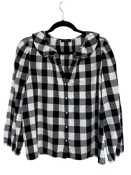 J. Crew Open V Neck Ruffle Blouse in Black and White Plaid - Size M