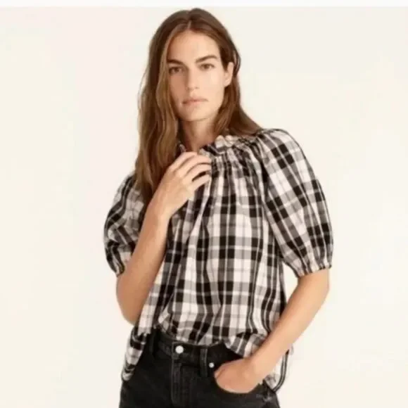 J.Crew Plaid Puff Sleeve Peasant Top Smocked Neck Cotton Blouse Small