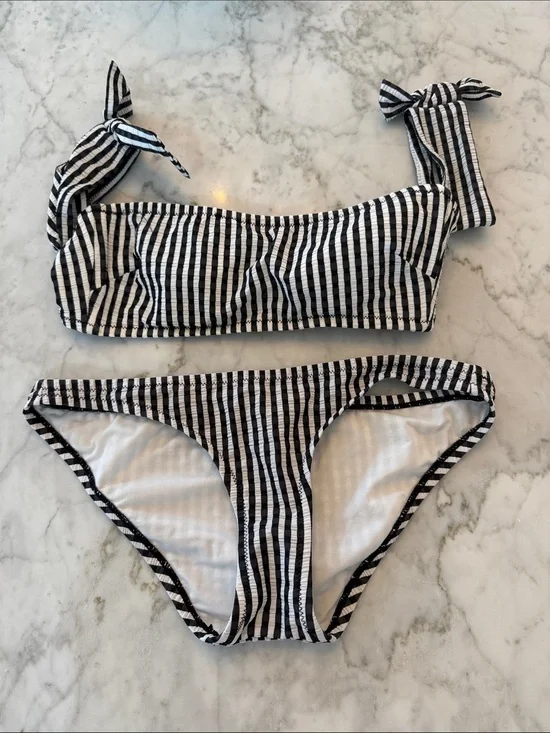 J Crew Black and White Striped Two-Piece Bikini Set