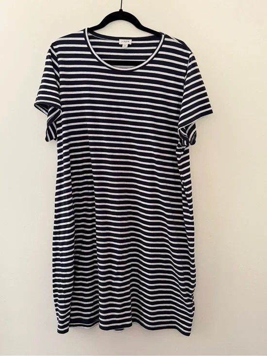J. Crew 100% Cotton Navy & White Striped Short Sleeve T-Shirt Dress
