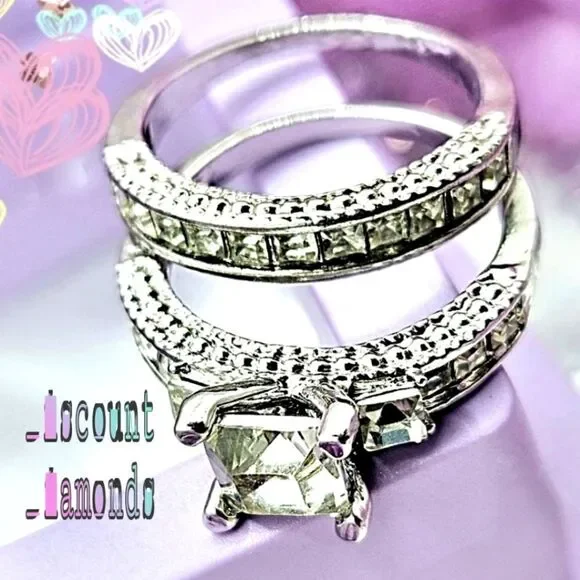 2 Ring Set - Clear White Sapphire Wedding & Engagement Rings on 925 Silver