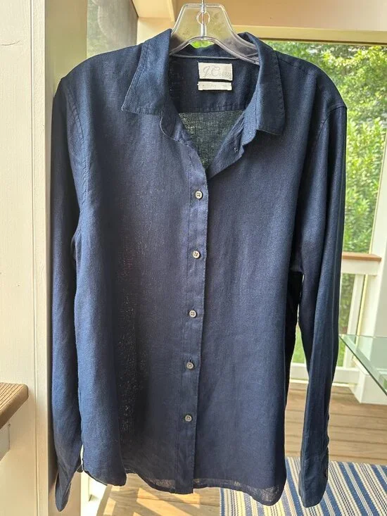 J.Crew Slim-fit Baird McNutt Irish Linen Shirt Navy Blue Women's Size 14 Large