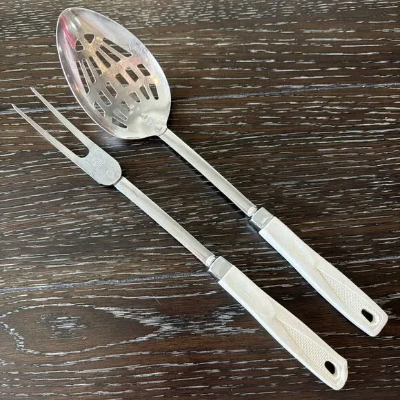 Vintage‎ Ecko Stainless Steel Slotted Spoon And Meat Fork White Handles