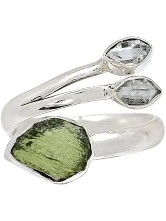 Handmade Moldavite & Herkimer Ring in 925 Sterling Silver - Unique Women's Gift