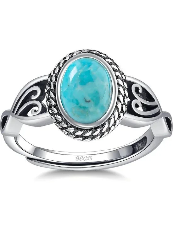 Adjustable 925 Sterling Silver Vintage Rings for Women - Teal Turquoise & Opal