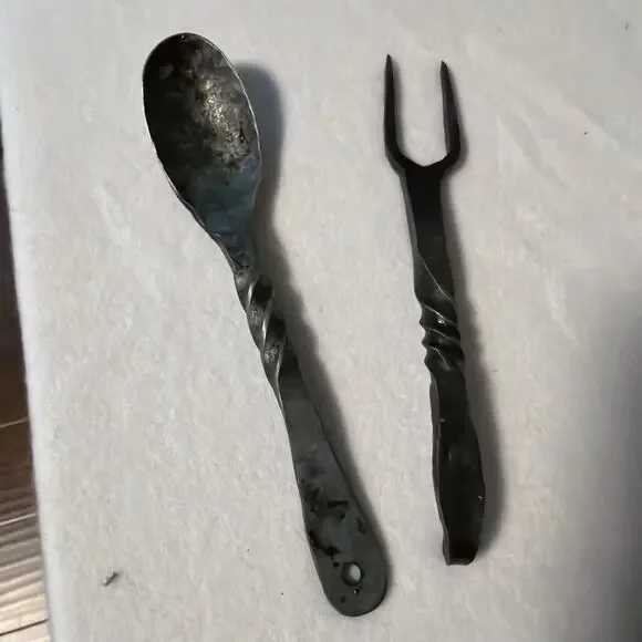 Set of 2 Hand Forged Metal Spoon & Spork