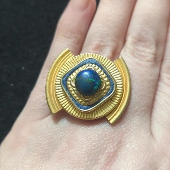 Gold Tone Blue Azurite Gemstone Chunky Oversized Cocktail Statement Ring