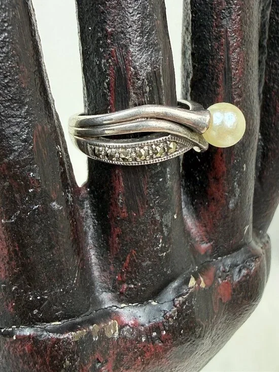 Sterling Silver Marcasite & Faux Pearl Ring Size 6.5