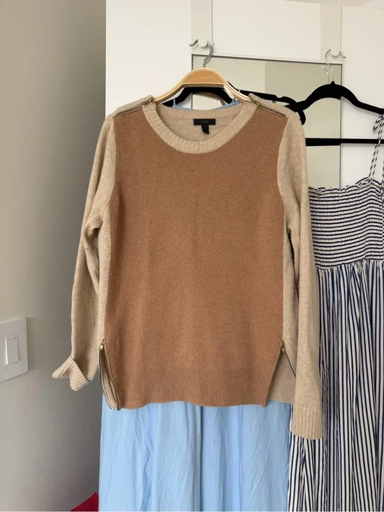 J. Crew Two-Tone Camel & Beige Crewneck Sweater with Side Zips