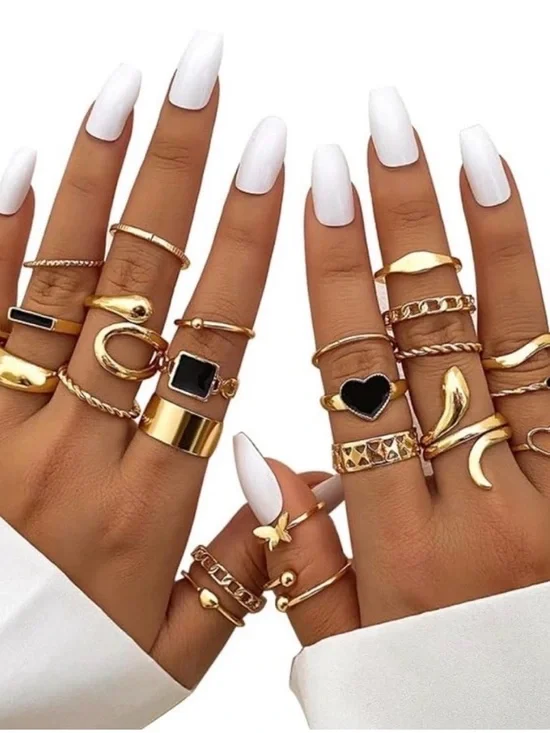 Gold Plated Stackable Ring Set - Stainless Steel, Black Enamel Accents