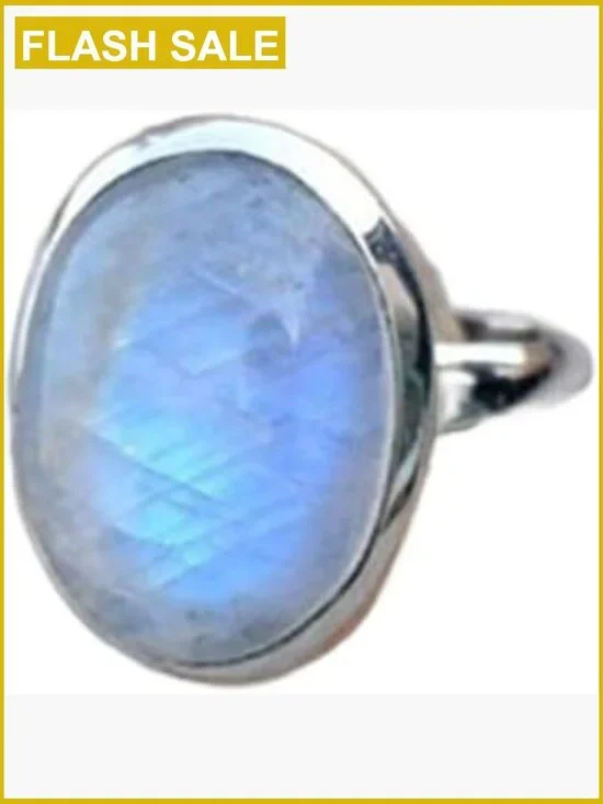 925 Sterling Silver Moonstone Ring Oval Rainbow Gemstone Solitaire Size 8.5