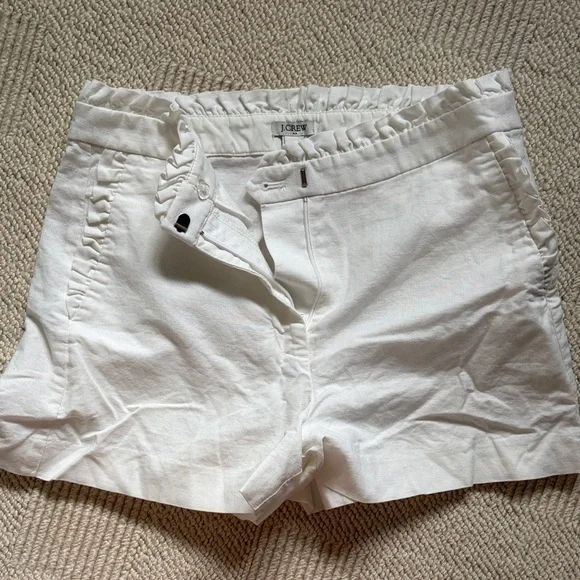 J. Crew White Ruffle-Waist High Waist Linen-Blend Shorts