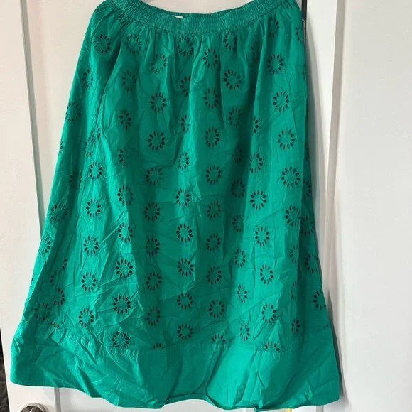 J. Crew Green Eyelet Midi Skirt