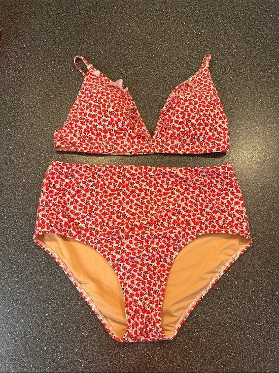 Red Floral High-Waist Bikini Set