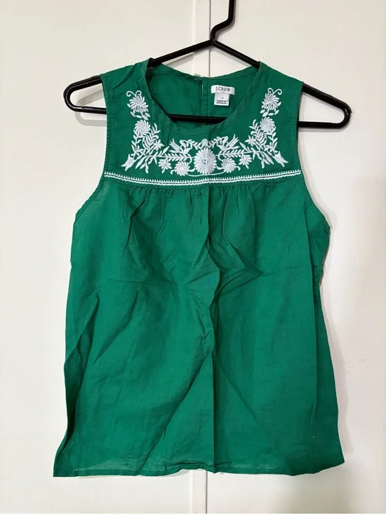 J. Crew Emerald Green Sleeveless Embroidered Yoke Camisole
