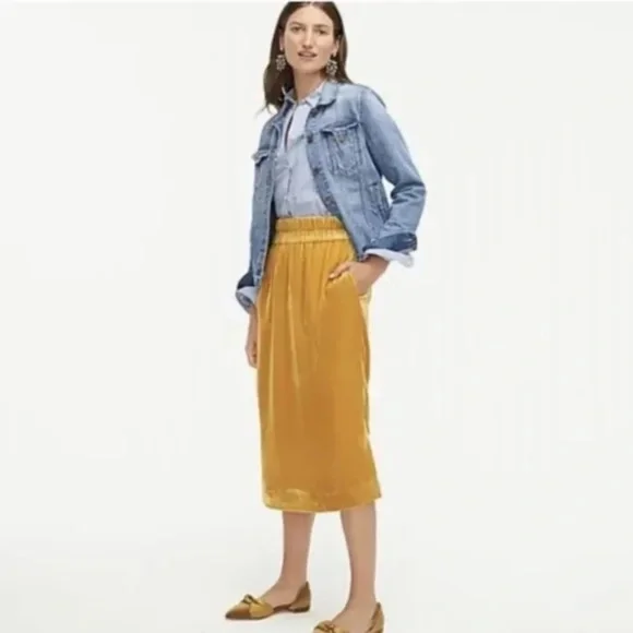 J Crew Crushed Velvet Skirt Midi Straight Gold Yellow Size Small