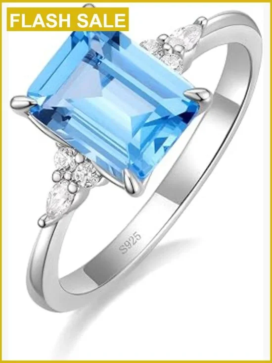 Emerald Cut Created Aquamarine Solitaire CZ Engagement Ring 3ct 925 Silver Size