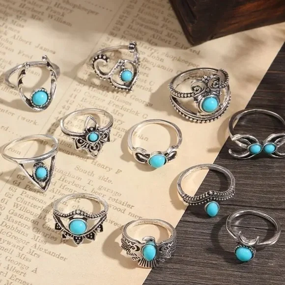 NEW TURQUOISE STACK BOHO VINTAGE STYLE RING SET