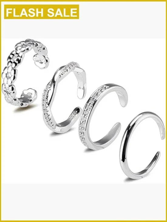 Adjustable Toe Rings Set, Silver Open Band Foot Jewelry, Cubic Zirconia