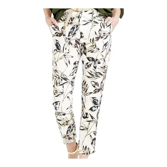J. Crew Women's Garden Pant Cropped Gold Foil Leaf 100% Linen‎ Size 00