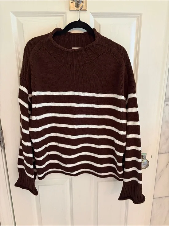 J. Crew Brown and White Striped Crewneck Sweater
