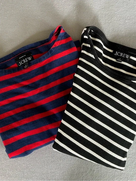 2 J. Crew Womens Long Sleeve T-Shirt Size M- Black & White, Blue &Red Stripes