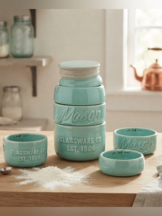 Mason Jar Style Ceramic Measuring Cups Set Blue Nesting 1 Cup to 1/4 Turquoise