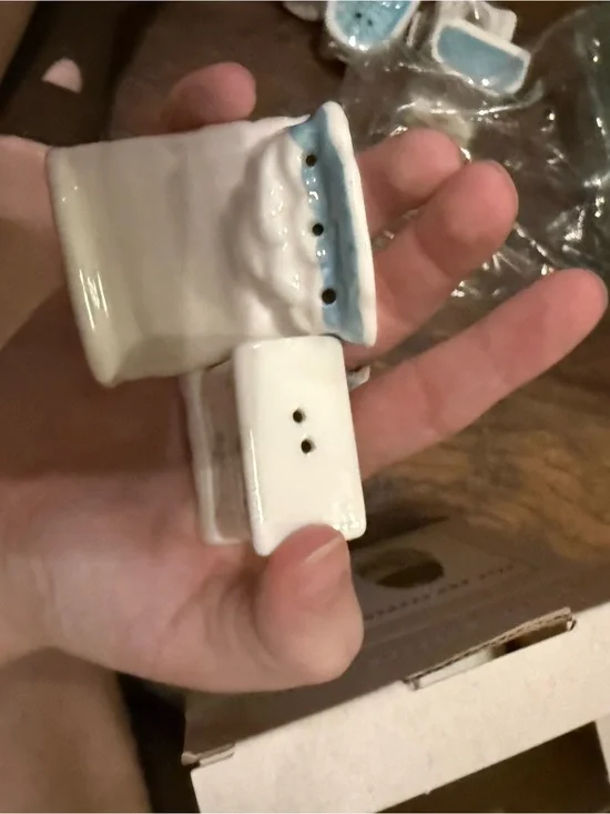 White Ceramic Salt and Pepper Shakers with Light Blue Trim