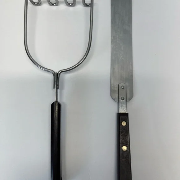 Vintage Ekco Potato & Spatula Stainless Steel Riveted Faux Wood Handle USA