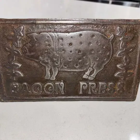 Vintage Cast Iron Bacon Press with Wooden Handle and Pig Design