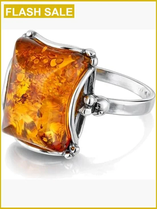 Sterling Silver Baltic Amber Rectangle Cocktail Ring Size 6