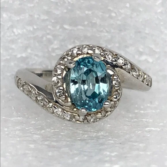 Blue Topaz Ring With Clear Stone Halo Sterling Silver Size 6 Dainty Feminine