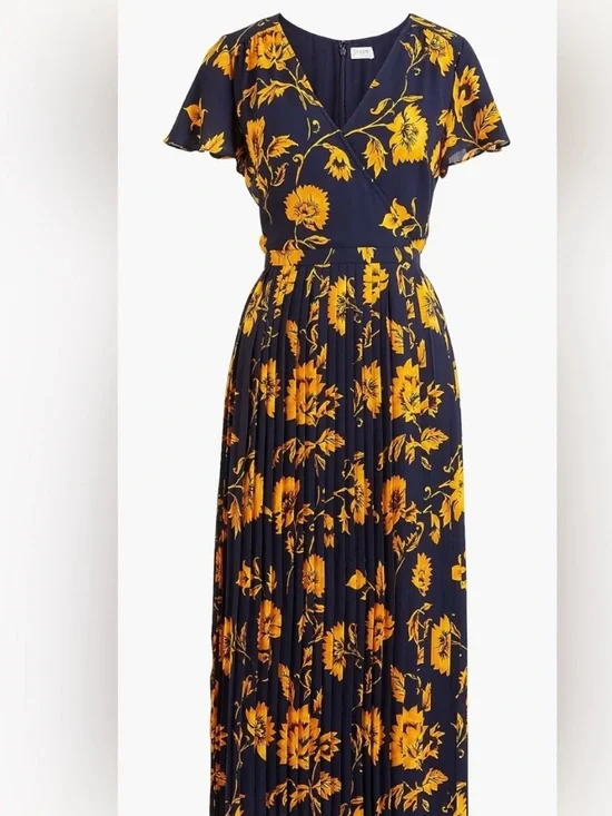 Floral pleated midi dress  in Navy and golden yellow