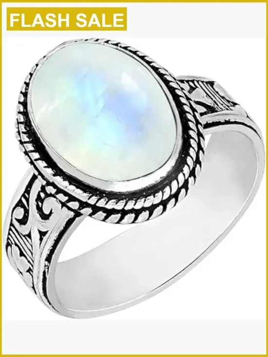 Oval Moonstone Gemstone Solitaire Statement Ring, 925 Silver Overlay